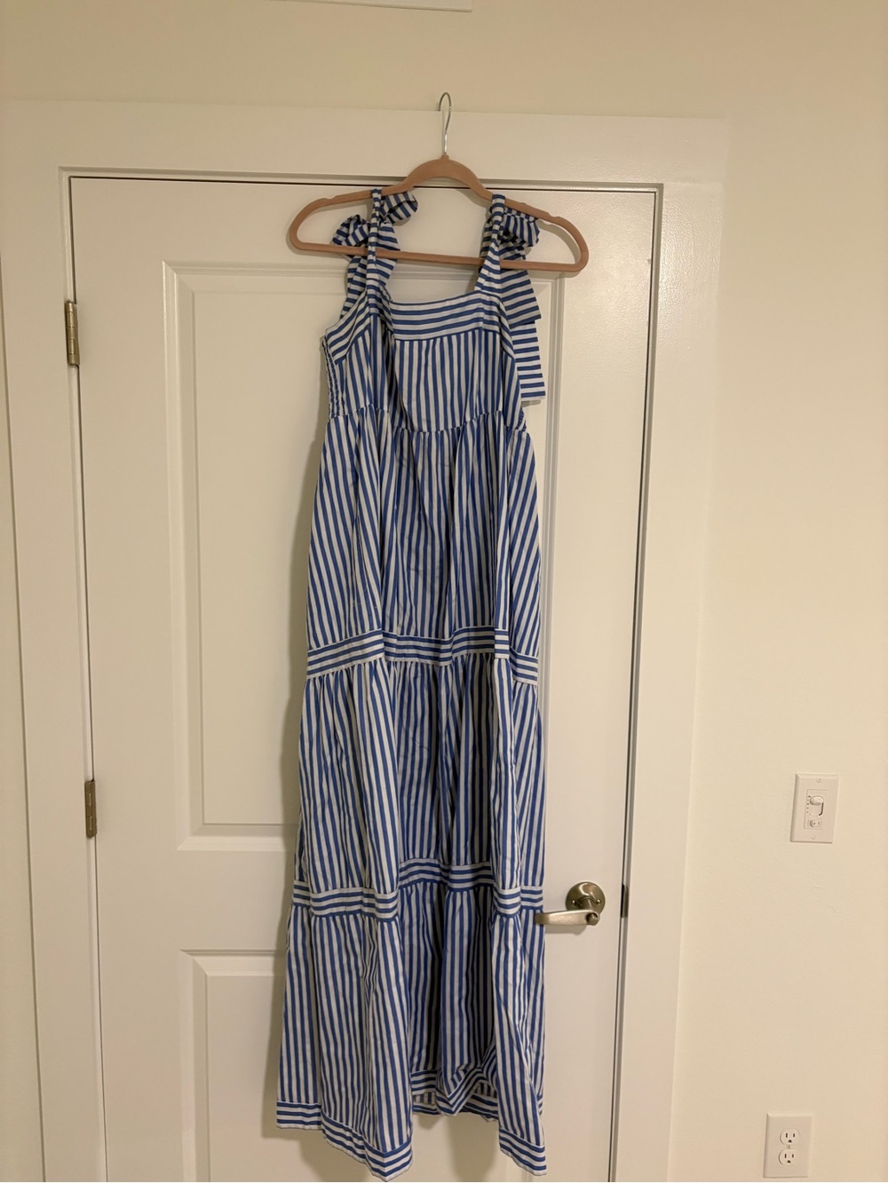 Blue and White Striped Tie-Shoulder Maxi Dress